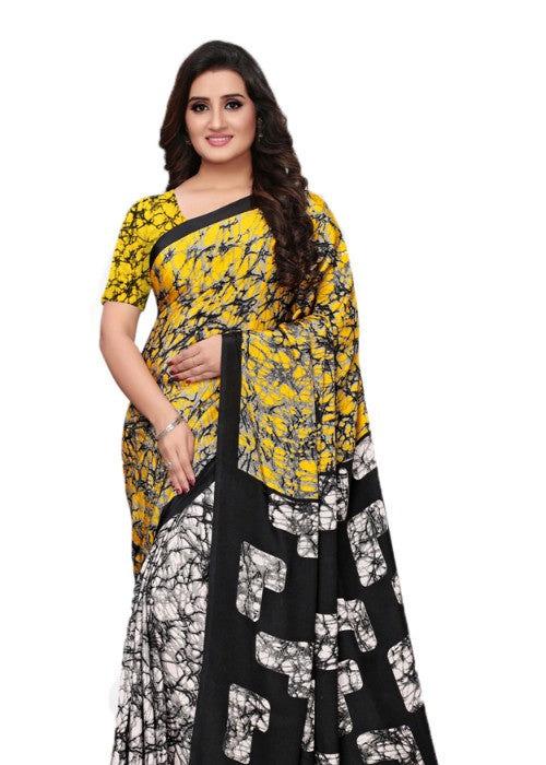 Black, White, Yellow Color Crepe Printed Work Saree only in Bigswipe