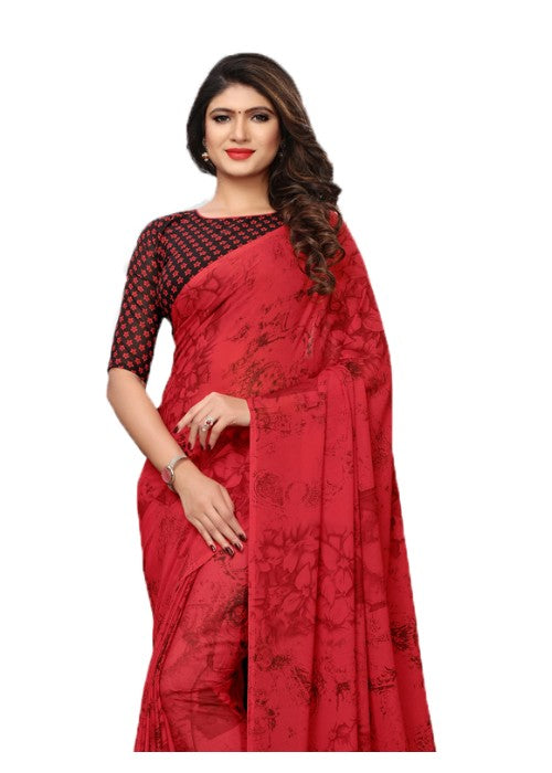 Red, Black Color Georgette Printed Work Saree