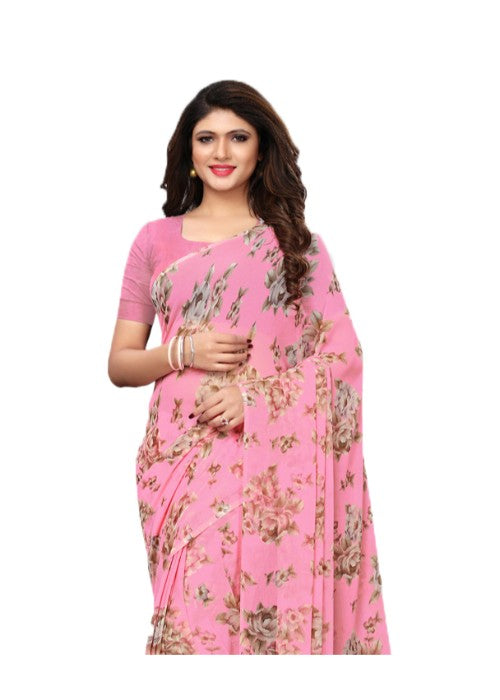 Pink, Multi Color Chiffon Printed Work Saree only in Bigswipe