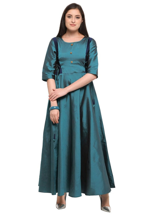 Peacock Green Color Buttons Poly Silk (Two Tone Silk) Kurti only in Bigswipe