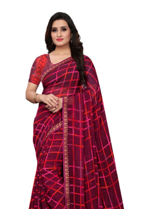 Purple, Multi Color Georgette Printed Work Saree