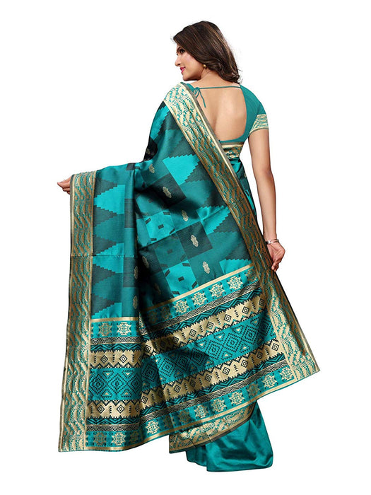 Turquoise, Black Color Poly Silk Saree