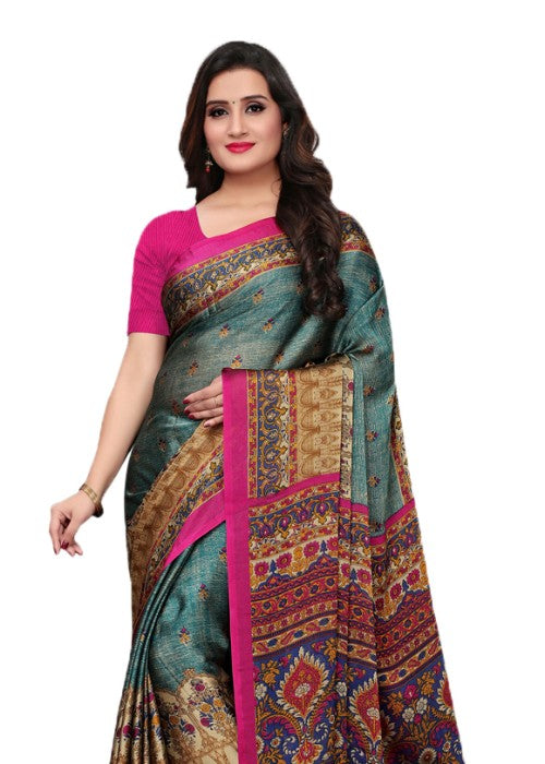 Turquoise, Magenta, Multi Color Shimmer Printed Work Saree