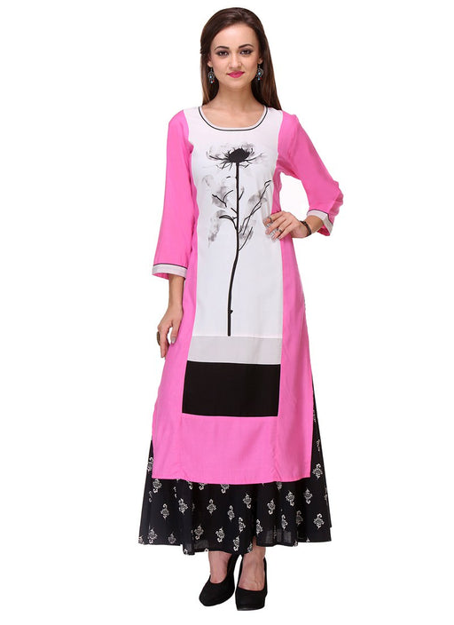 Pink,White Color Printed Cambric Cotton Kurti only in Bigswipe