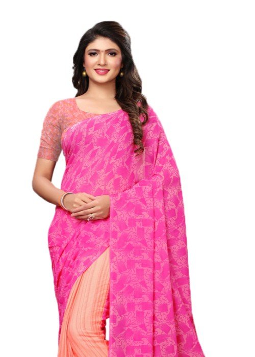 Peach, Pink Color Georgette Printed Work Saree only in Bigswipe