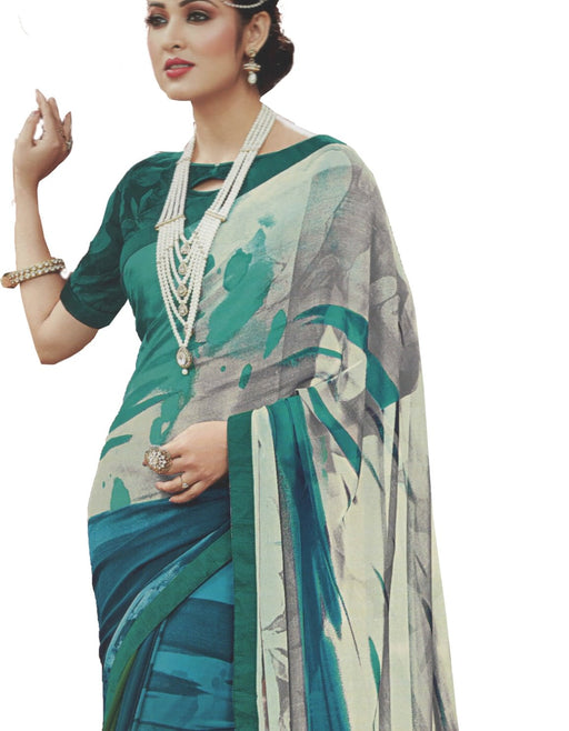 Georgette Digital Saree With Blouse-Dark Green, Multi Color Saree only in Bigswipe