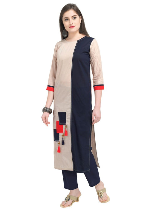 Beige, Navy Blue Color Dyed Cambric Cotton Kurti only in Bigswipe