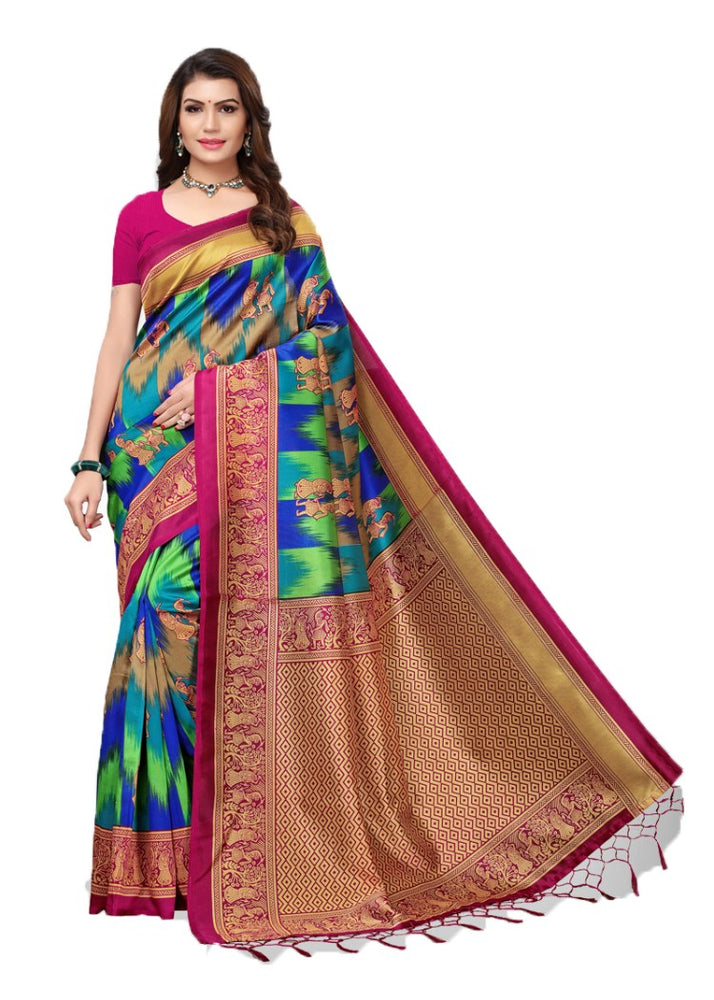 Magenta, Blue, Multi Color Poly Silk Printed Work Saree only in Bigswipe