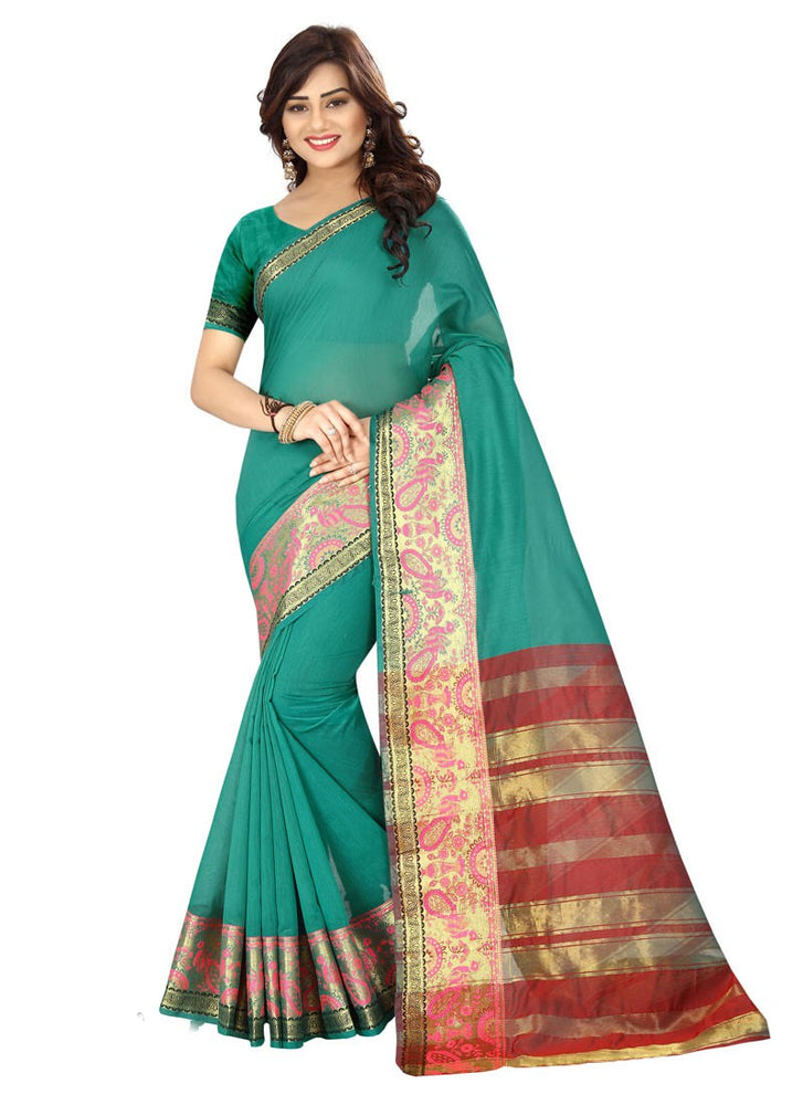 Peacock Green Color Cotton Silk Saree only in Bigswipe