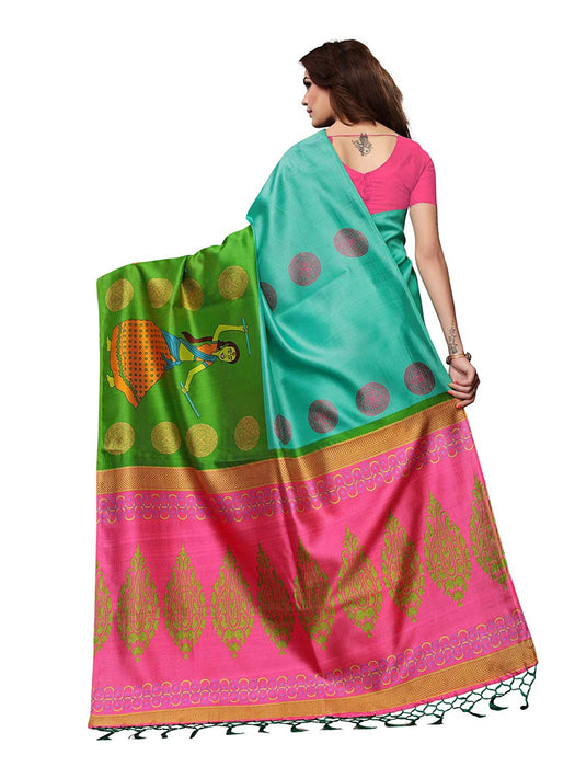 Turquoise, Green, Multi Color Poly Silk Saree