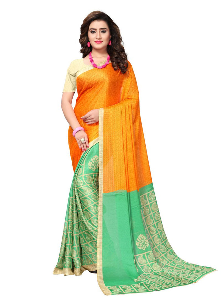 Orange, Green Color  Crushed Georgette Saree only in Bigswipe