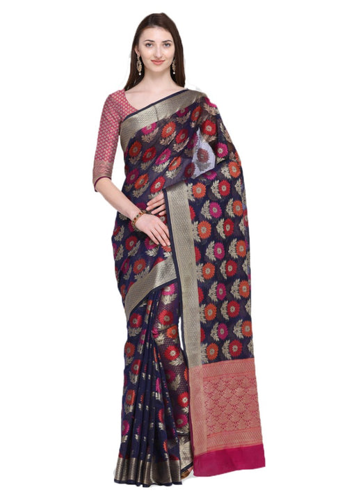 Navy Blue, Multi Color Cotton Silk Jacquard Work Saree only in Bigswipe