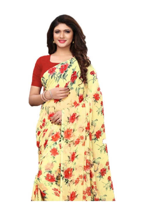 Yellow, Multi Color Chiffon Printed Work Saree