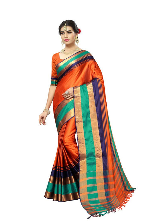 Orange, Turquoise, Navy Blue Color  Poly Silk Saree only in Bigswipe