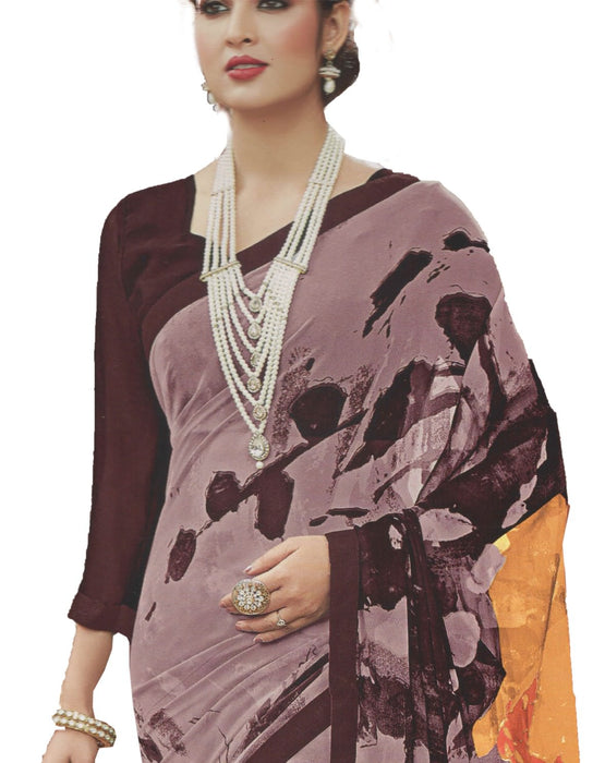 Georgette Digital Saree With Blouse-Dusty Brown Color Saree only in Bigswipe