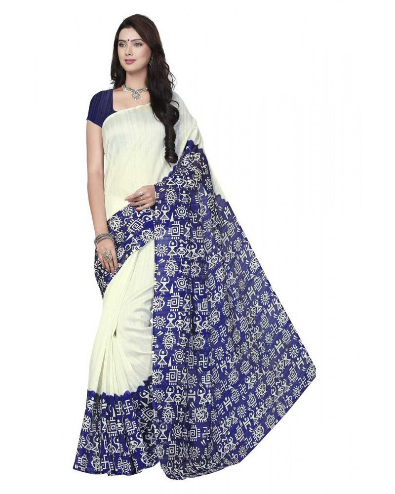 Printed Bhagalpuri Art Silk White with Blue Color only in Bigswipe