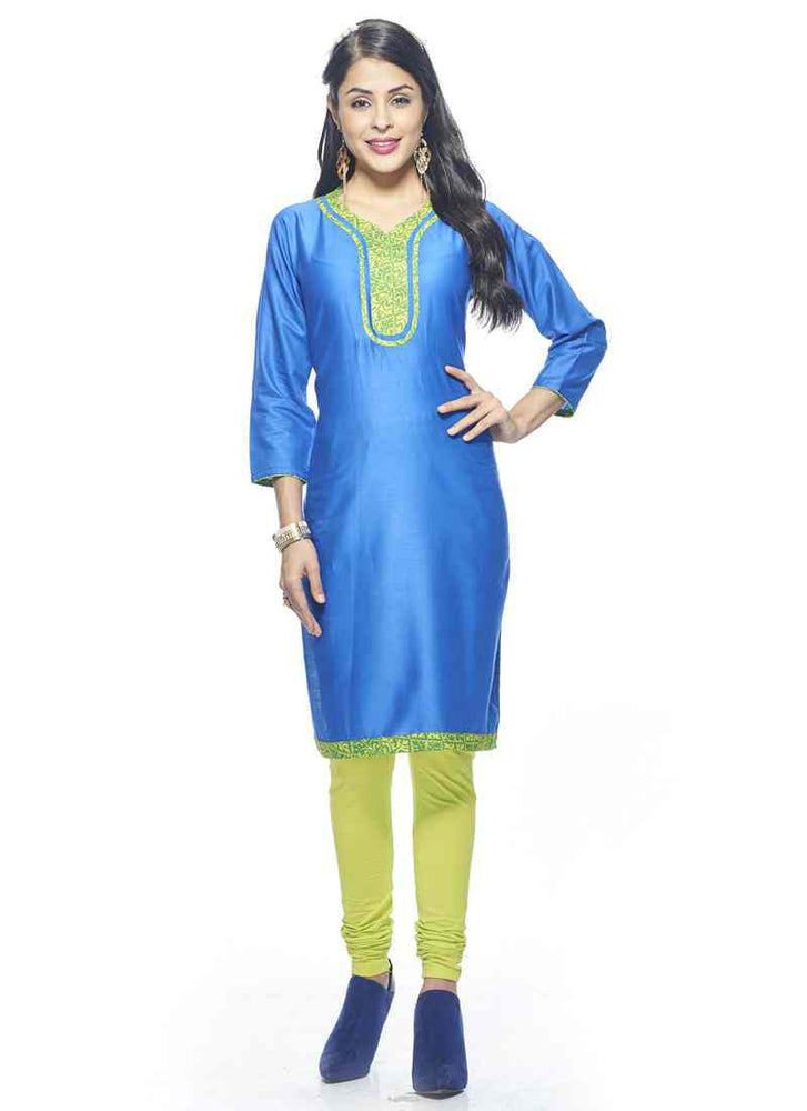 Blue Color Printed Border,Piping Glace Cotton Kurti only in Bigswipe