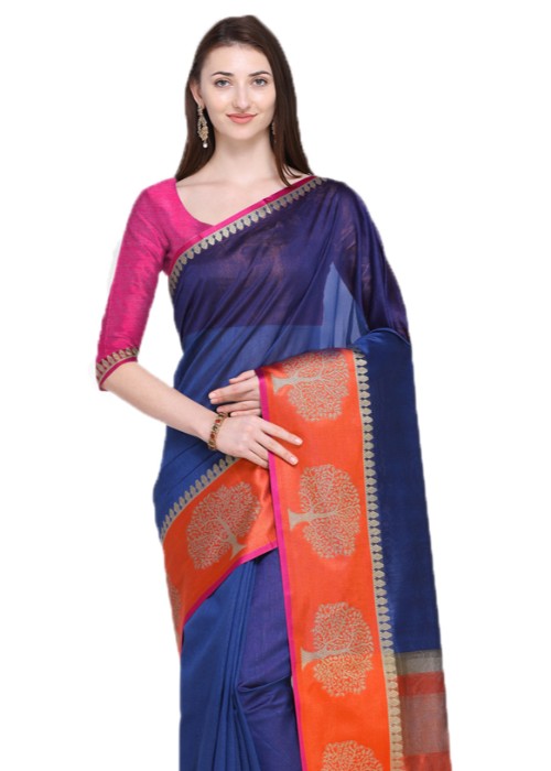 Navy Blue Color Tussar Silk (Poly Silk) Plain Work Saree only in Bigswipe