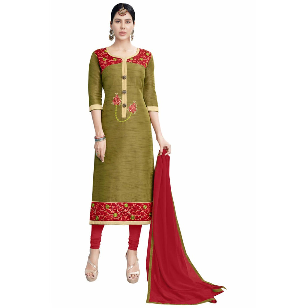 Cotton Silk Fabric Mehandi Color Dress Material only in Bigswipe