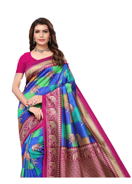 Magenta, Blue, Multi Color Poly Silk Printed Work Saree only in Bigswipe