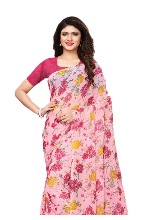 Pink, Multi Color Chiffon Printed Work Saree only in Bigswipe