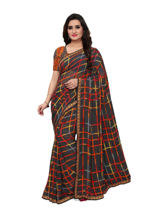 Grey, Multi Color Georgette Printed Work Saree only in Bigswipe