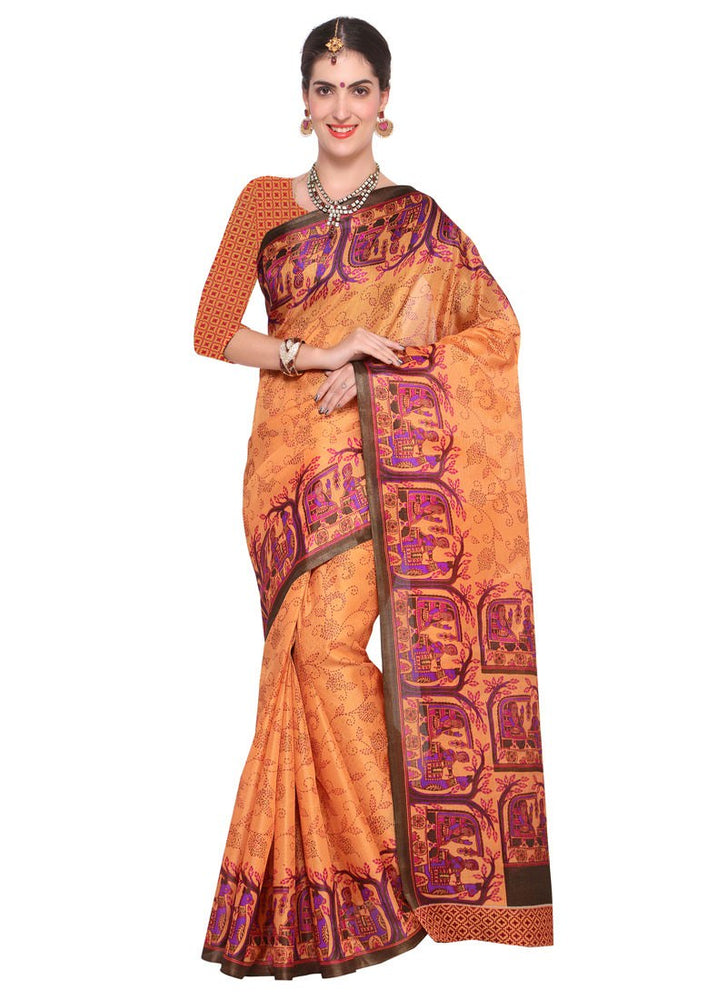 Orange, Multi Color Bhagalpuri Saree only in Bigswipe