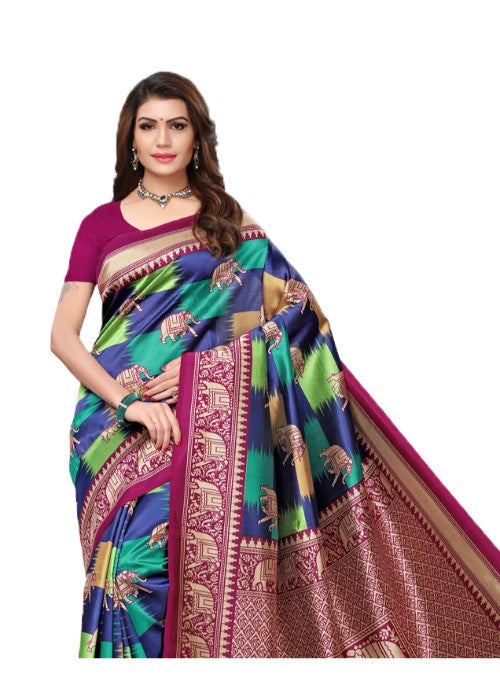 Magenta, Navy Blue, Multi Color Poly Silk Printed Work Saree only in Bigswipe