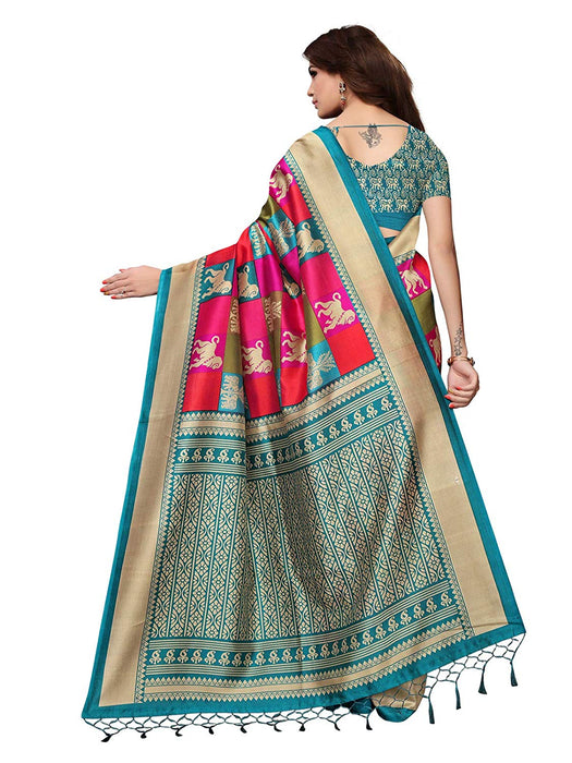 Turquoise, Multi Color Poly Silk Saree