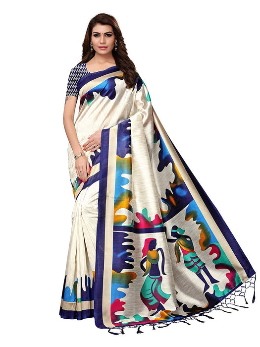 Off White, Navy Blue Color Poly Silk Saree only in Bigswipe