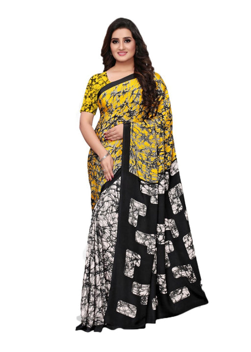 Black, White, Yellow Color Crepe Printed Work Saree only in Bigswipe