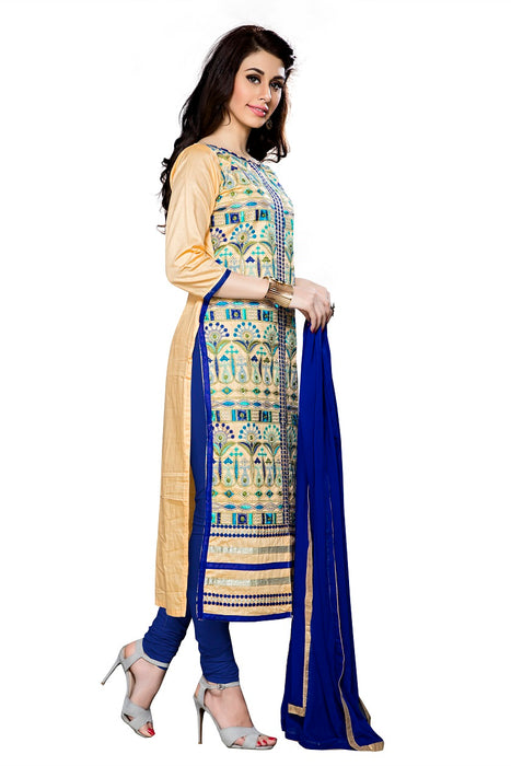 Women's Beige Cotton Unstitched Embroidered Dress material