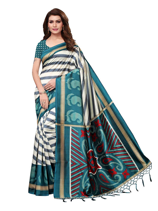 Off White, Turquoise Color Poly Silk Saree only in Bigswipe