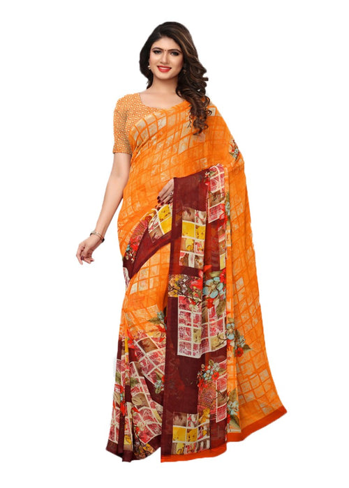 Orange, Multi Color Chiffon Printed Work Saree only in Bigswipe