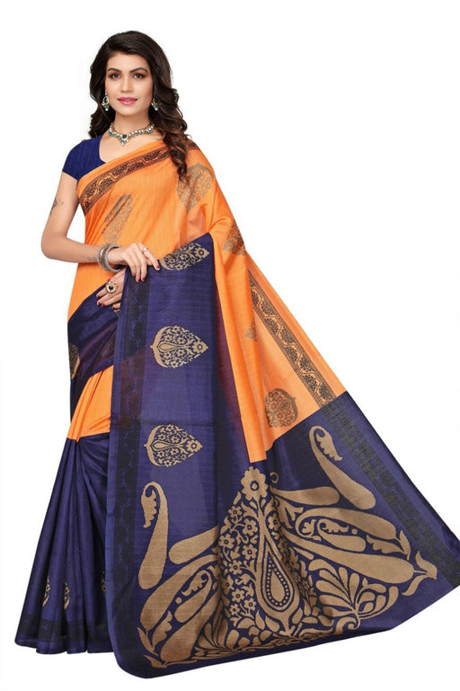 Printed Bhagalpuri Art Silk orange with Navy Blue Color Saree only in Bigswipe