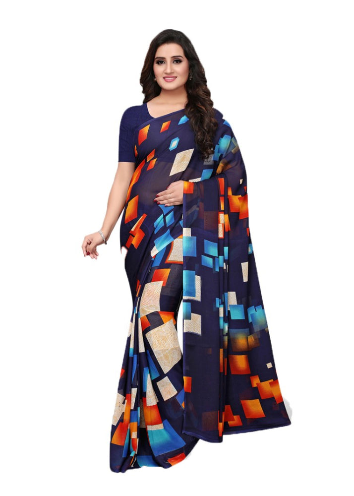 Navy Blue, Multi Color Georgette Printed Work Saree only in Bigswipe