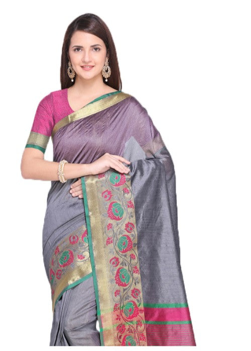 Grey Color Tussar Silk (Poly Silk) Jacquard Border Work Saree only in Bigswipe