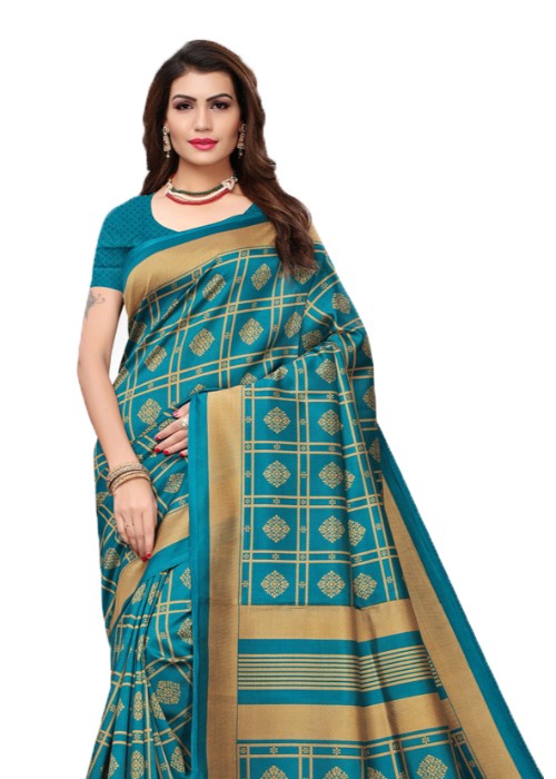 Turquoise, Beige Color Poly Silk Printed Work Saree