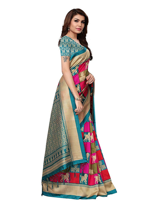 Turquoise, Multi Color Poly Silk Saree