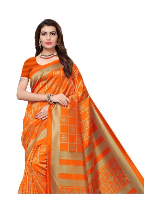 Orange, Multi Color Poly Silk Printed Work Saree only in Bigswipe