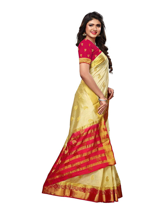 Cream, Magenta Color Poly Silk Saree only in Bigswipe