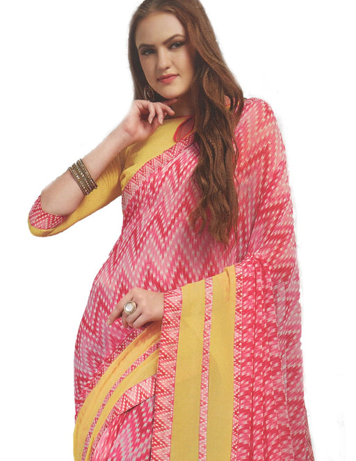 Georgette Digital Saree With Blouse  Pink With Yellow Color Saree only in Bigswipe