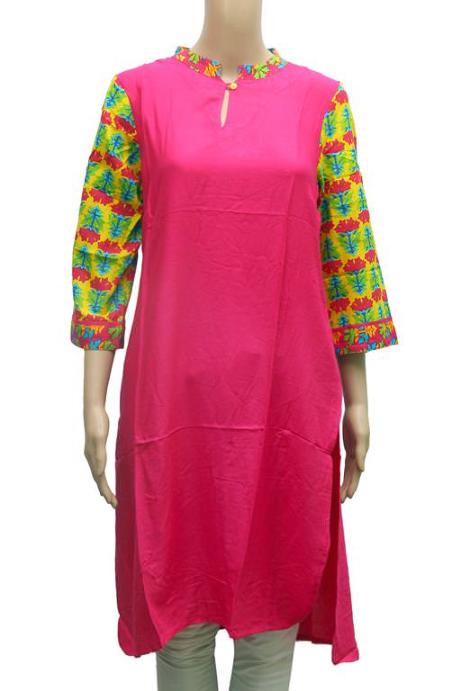 Pink Solid Chinese Collar Kurti For Women only in Bigswipe