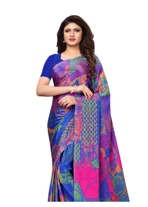 Blue, Multi Color Crepe Printed Work Saree only in Bigswipe