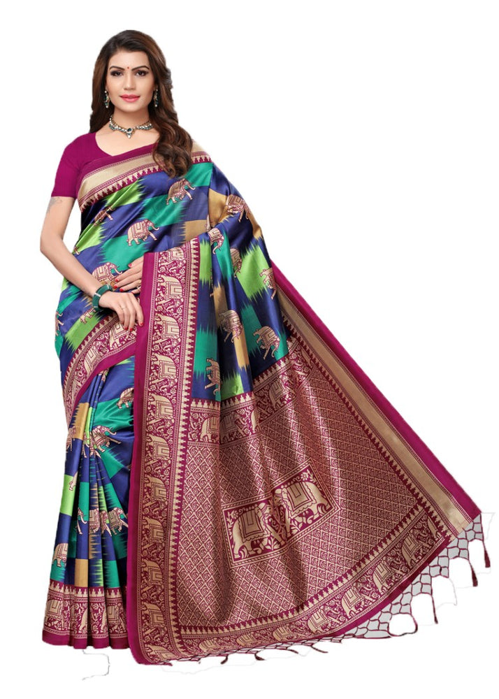 Magenta, Navy Blue, Multi Color Poly Silk Printed Work Saree only in Bigswipe