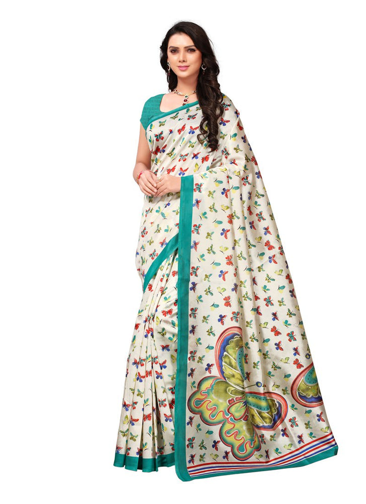 Off White, Turquoise, Multi Color  Poly Silk Saree only in Bigswipe