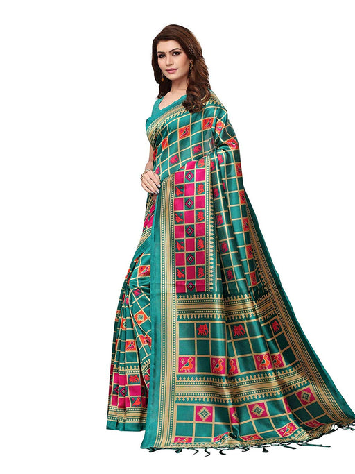 Turquoise, Multi Color Poly Silk Saree