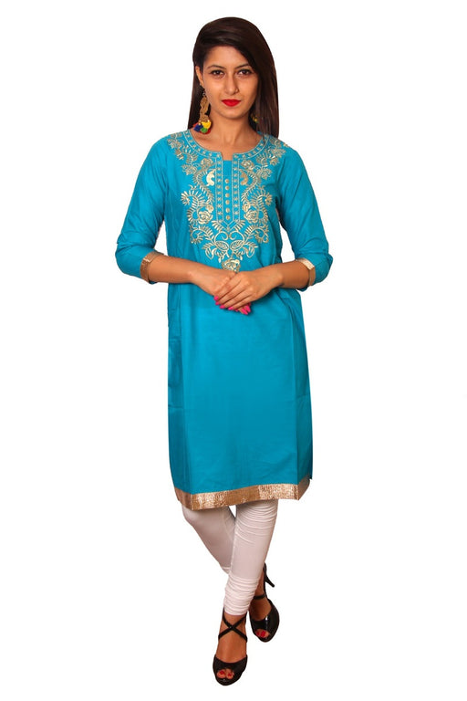 Blue Cotton Straight Zari Embroidery Kurti only in Bigswipe