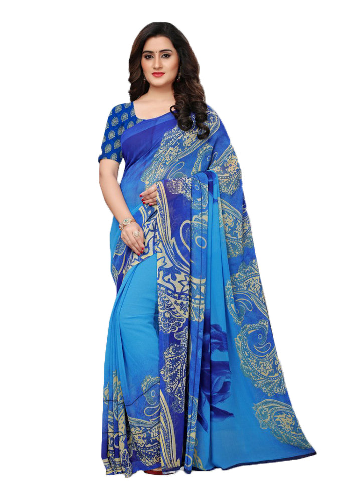 Blue, Multi Color Georgette Printed Work Saree only in Bigswipe