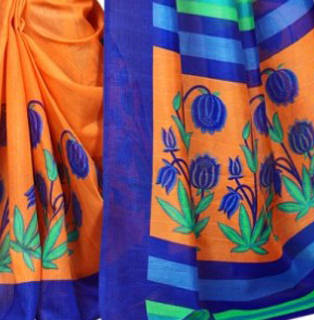 Printed Bhagalpuri Art Silk Orange with BlueColor Saree only in Bigswipe